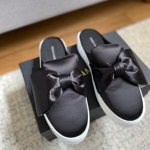 Black satin bow platform slip ons